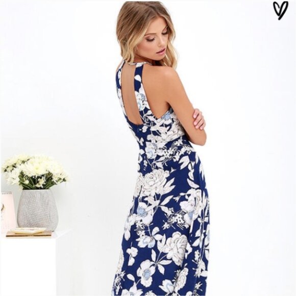 Lulus In Blossom Blue Floral Print Maxi Dress Halter Style Fall Floral Sz Medium - Picture 3 of 10